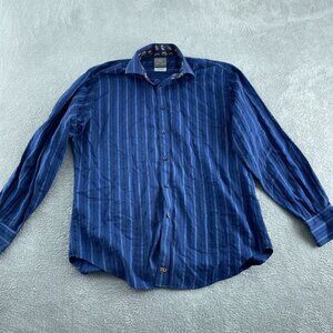 Thomas Dean Blue Striped Long Sleeve Button-Up Shirt L 100% Cotton Mens 5649